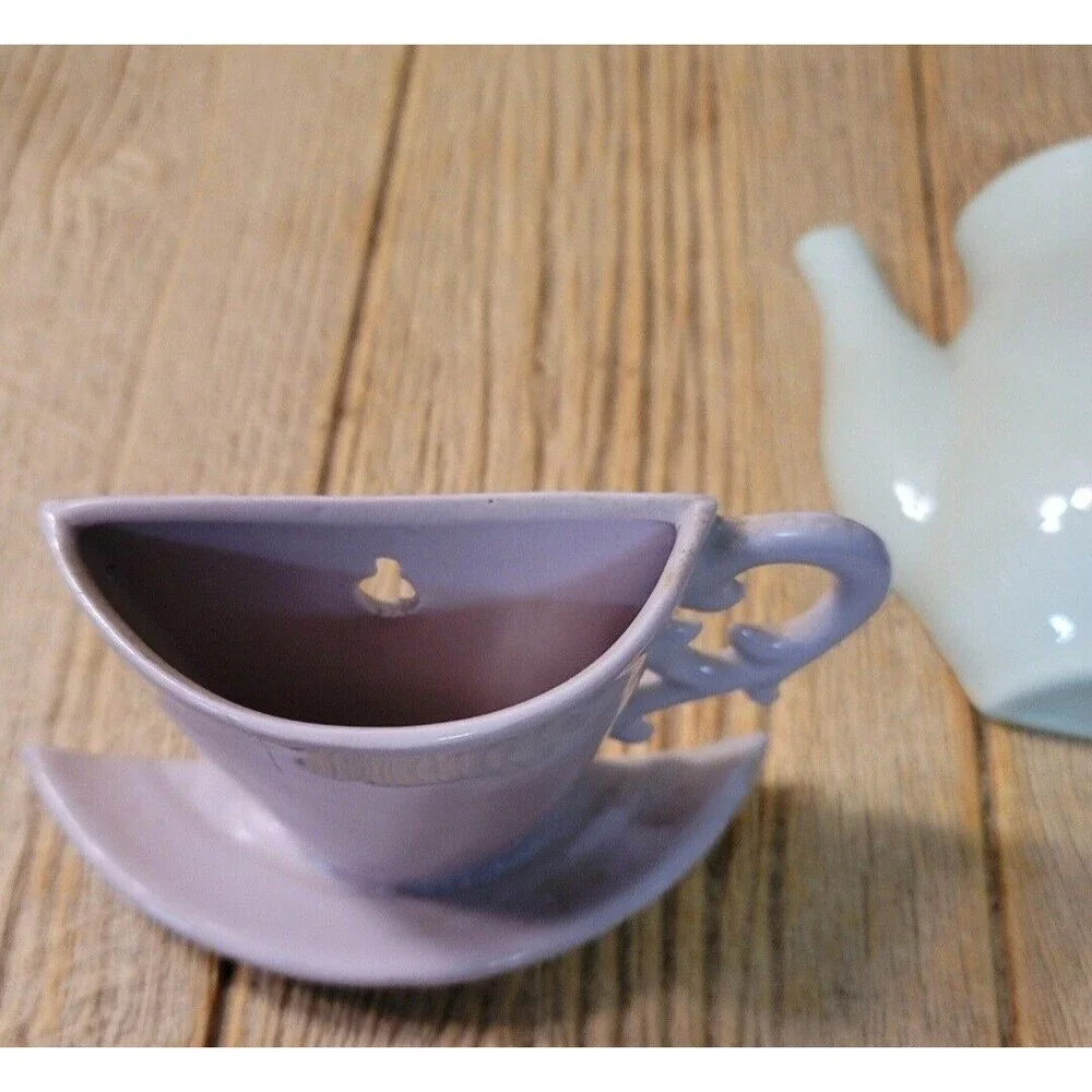 Vintage Unmarked Maker Lavender Pottery Cup and Saucer Wall Pocket, Wall Vase